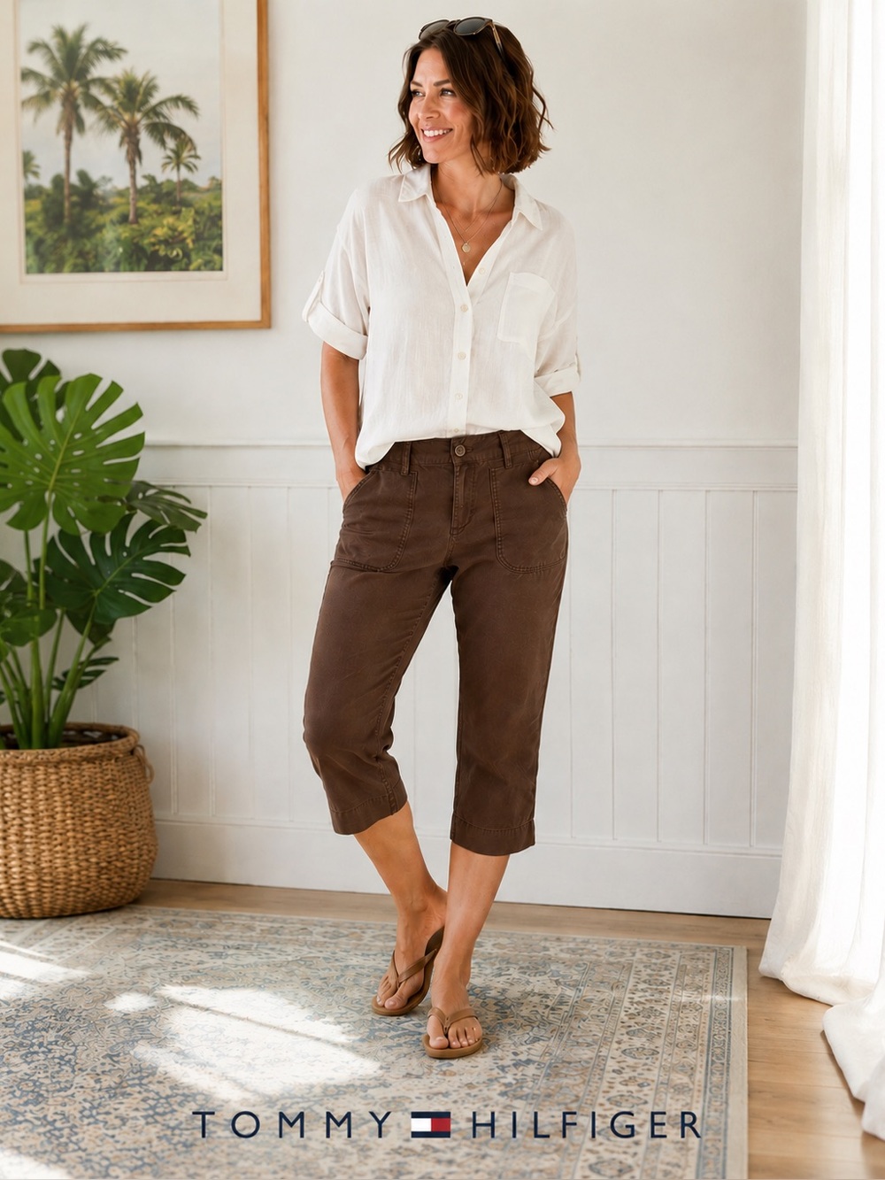Tommy Hilfiger Brown Cotton Capri Pants Size 8 Mid Rise Cropped Casual
